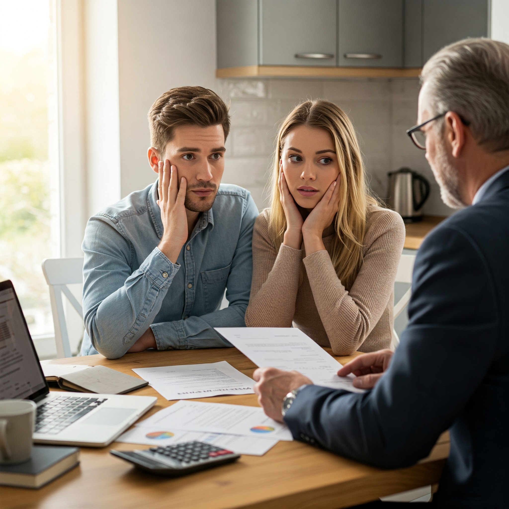 A worried couple reviewing home purchase documents with a real estate agent, discussing common homebuyer mistakes.